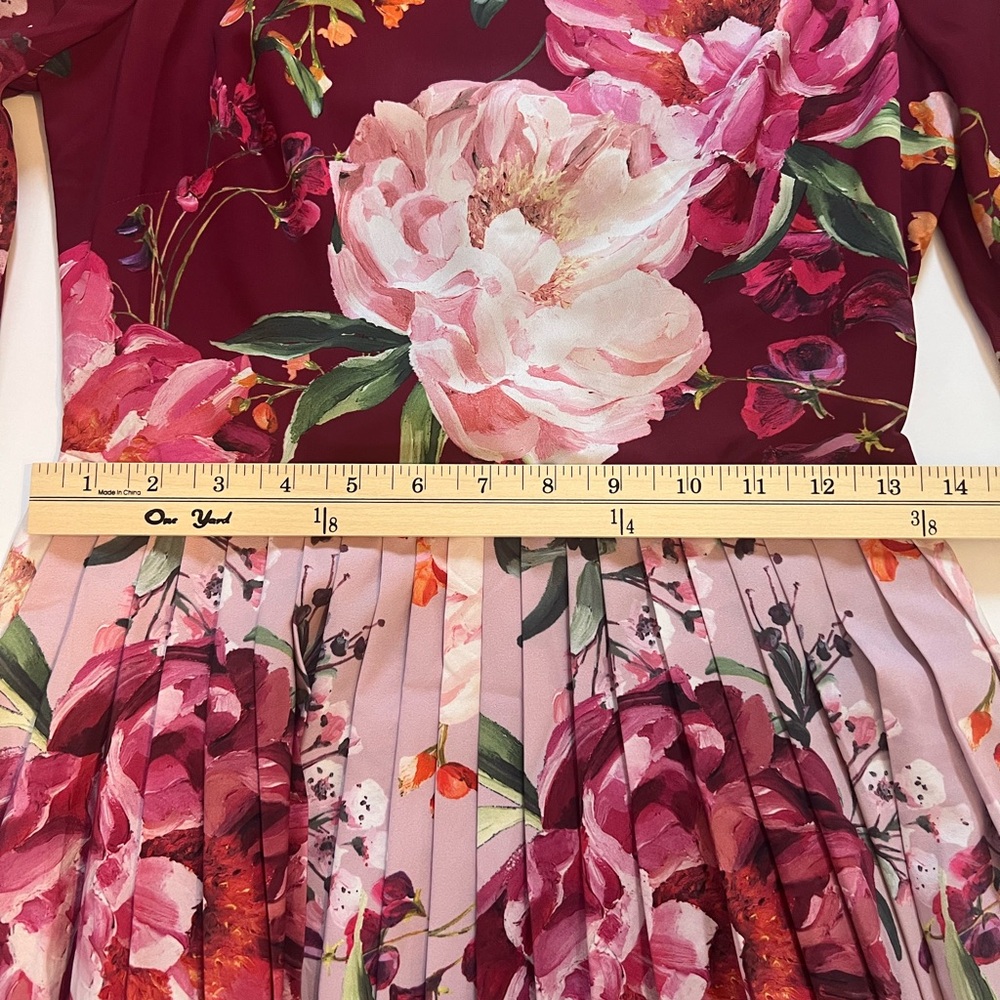 TED BAKER London Burgundy Floral Pleated Midi Dress Open Back|Long Sleeve|Size 0 - Picture 10 of 14